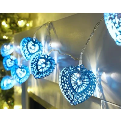 Image of Christmas Concepts® 10 Warm White LED Metal Filigree Turquoise Heart Shaped Fairy Lights Everyday Bedroom