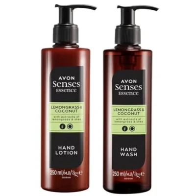 Image of New Larger Size Avon Senses Essence Lemongrass and Coconut Hand Care Set 250ml bottles, includes Wash Lotion