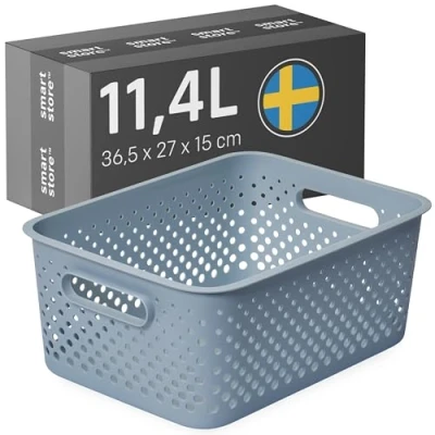 Image of SmartStore Plastic Storage Basket with Handles 11.4L Medium Durable, Recycled &amp; Sustainable Blue Home Organizer for Shelves, Kitchen, Bathroom + 10 Year Guarantee, A4 Compatible Bin