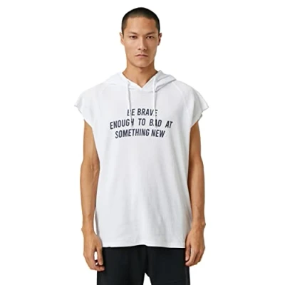 Image of Koton Men&#039;s Basic Hooded Sport Oversized T Shirt Slogan Printed Sleeveless, White (000), XXL