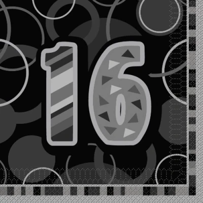 Image of Unique Party 28477 Glitz Black 16th Birthday Paper Napkins, Pack of 16