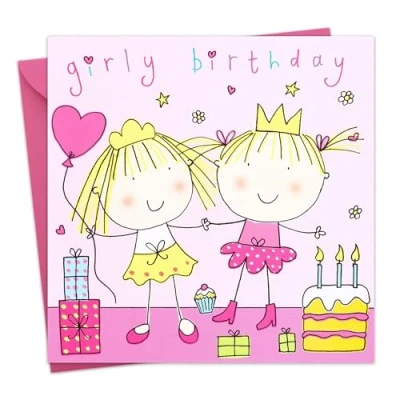 Image of Twizler Happy Birthday Card for Girl Girly Twins with Cake &amp; Presents Childrens Girls