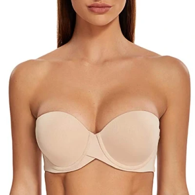 Image of MELENECA Women&#039;s Push up Strapless Bras with Lift Stay Put Padded Cup Beige 34B