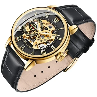 Image of Dentily Men&#039;s Skeleton Watch Classic Roman Numeral Steampunk Mechanical Hand Wind Mens Watches (Blue), black&amp;gold2, Mechanical,Skeleton