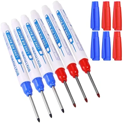 Image of UNOLIGA 6pcs Deep Hole Marker Pens, Carpenters Pen, 30mm Long Reach Pen Fine Tip Permanent Borehole Marking Tool for of Hard To Areas (Blue Red)