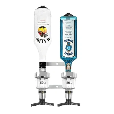 Image of 2 Bottle Alcohol Spirit Measure Drink Dispenser Bar Set Wall Fixing Mount Bracket plus x Traditional Optic (Chrome, 50ml)
