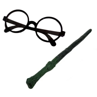 Image of WIZARD SET FANCY DRESS COSTUME ROUND GLASSES + PLASTIC BRANCH LOOK WAND MAGICIAN OUTFIT