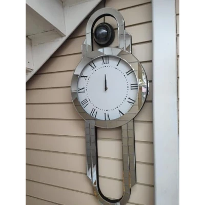Image of Biznest Full Mirrored Grandfather Round Style Large Wall Clock Sparkly Silver