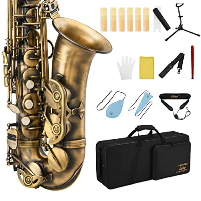 Image of Eastar Alto Saxophone Antique Finish Bronze Vintage Sax Eb E flat Student Beginner Full Kit with Carrying Case Mouthpiece Straps Reeds Stand Cork Grease Cleaning Brush(AS Ⅱ Ab)