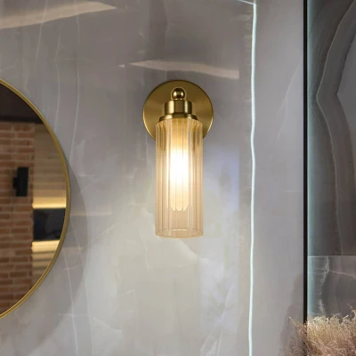 Image of Imperial 1 Light Wall Lamp, Satin Brass Metal &amp; Clear Ribbed Glass