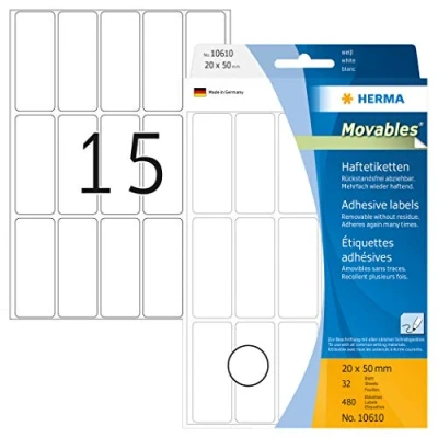 Image of HERMA Removable Labels, 15 Labels per Sheet, 24 Sheets, 20 x 50 mm, 360 Self Adhesive Small Stickers, Blank Sticky Multi Purpose for Office Kitchen Home, White