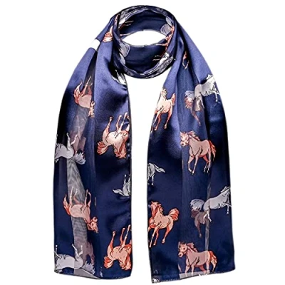 Image of Horse Print Satin Stripe Scarf, Navy