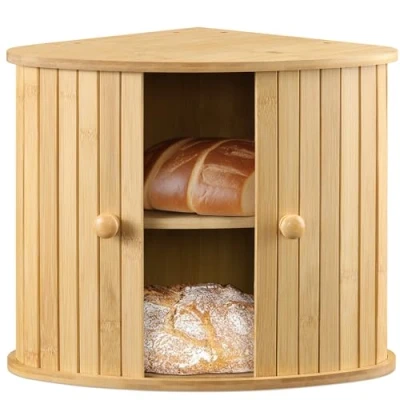Image of Navaris Wooden Bread Box Countertop Kitchen Farmhouse Corner Wood Breadbox Container with Sliding Doors 30 x 31 cm (11.81&quot; 11.81&quot; 12.20&quot;)