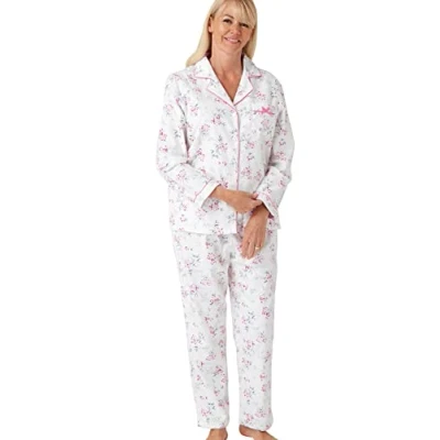 Image of Marlon Womens Blanche Printed Brushed Cotton Piped Revere Collar Pyjama, Tilly Fuchsia, 16 18