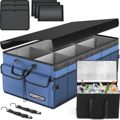 Image of FORTEM Car Boot Organiser, Storage Accessories, Collapsible Multi Compartment Tidy, Non Slip Bottom, Adjustable Securing Straps (Blue, w/Cooler)