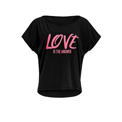 Image of Winshape Women&#039;s Damen Ultra leichtes Modal Kurzarmshirt MCT002 mit Neon pinkem „Love is The Answer Glitzer Aufdruck T Shirt, Schwarz Pink Glitzer, XXL
