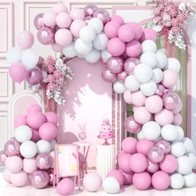 Image of Teselife 153Pcs Pink Balloon Arch Kit, White Pastel Metallic Party Balloons Garland Kit for Birthday Baby Shower Wedding Anniversary Carnival Decorations Supplies