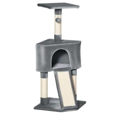 Image of PawHut Corner Cat Tree for Indoor Cats, Kitten Tower with Scratching Post House Ladder Toy Grey