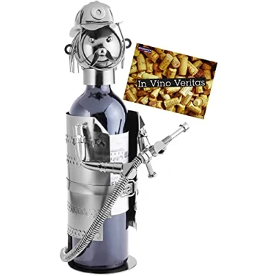 Image of BRUBAKER Wine Bottle Holder Firefighter Metal Sculpture Gift With Greeting Card