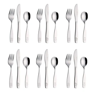 Image of Exzact Childrens Cutlery Set 18pcs Stainless Steel Kids Cutlery/Toddler Utensils/Flatware 6 x Forks, Safe Dinner Knives, Spoons Engraved Dog Cat Bunny