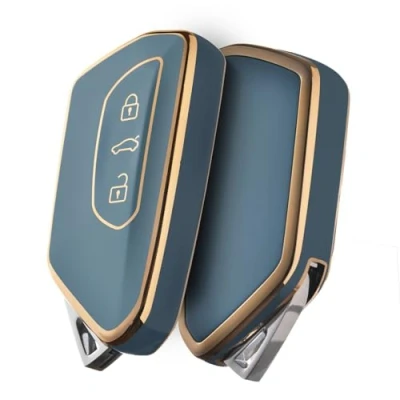 Image of OATSBASF Car Key Case for VW, Compatible with Golf 8 Seat Leon MK 4 Tarraco Ateca Skoda Octavia TPU Silicone (Golden Edge Grey)