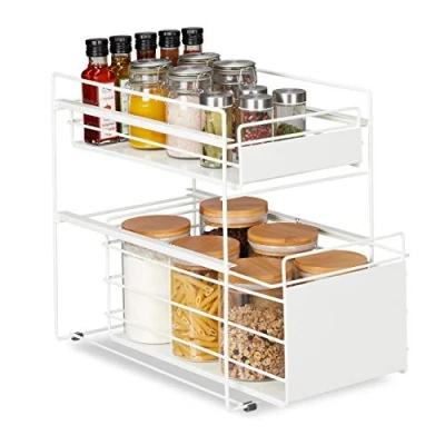 Image of Relaxdays kitchen cupboard storage, with 2 baskets, organiser, storage shelves, for bathroom, pull out, white