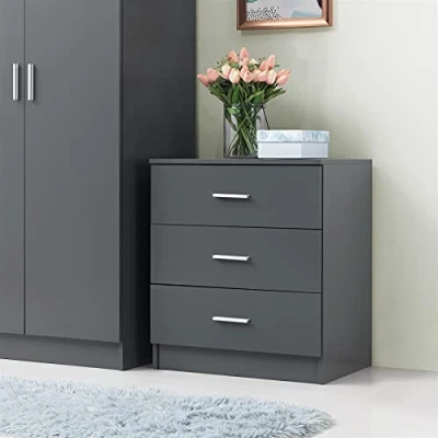 Image of Timber Art Design UK Rio Costa 3 Drawer Bedroom Chest of Drawers with Chrome Metal Handles &amp; Runners Storage Organiser Unit for Hallway Living Room Bedside Cabinet Dark Grey, H69 x W60 D40 cm