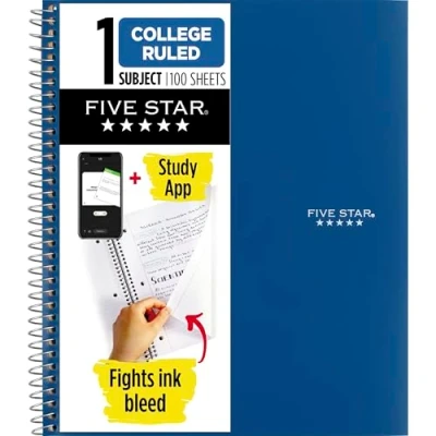 Image of Five Star Spiral Notebook Plus Study App, 1 Subject, College Ruled Paper, 100 Sheets, 8 1/2&quot; x 11&quot;, Pacific Blue (72565)