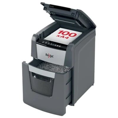 Image of Rexel Optimum Auto Feed+ 100 Sheet Automatic Micro Cut Paper Shredder, P 5 Security, Home/Home Office, 34 Litre Removable Bin, 2020100M,Black