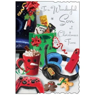 Image of Son Christmas Card Wonderful Gaming and Hot Chocolate Artistic Festive Design Special Finishes Illustrated Insert Leaf Made in the UK