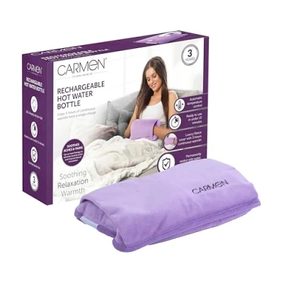 Image of Carmen C85043PUR Rechargeable Hot Water Bottle, Soft Touch Fleece Cover, Hand Warmer, Automatic Temperature Control, Purple