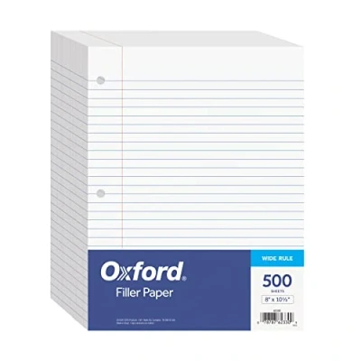 Image of Oxford Filler Paper, 8 x 10 1/2 Inch Wide Ruled 3 Hole Punch, Loose Leaf Notebook Paper for Ring Binders, 500 Sheets (62330), White