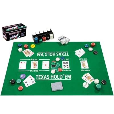 Image of Engelhart 320900 Complete Poker Set Metal Box with Mat, 200 Chips (4 g), 2 Card Games, Dealer Buttons, Small and Large Shields + Game Rules
