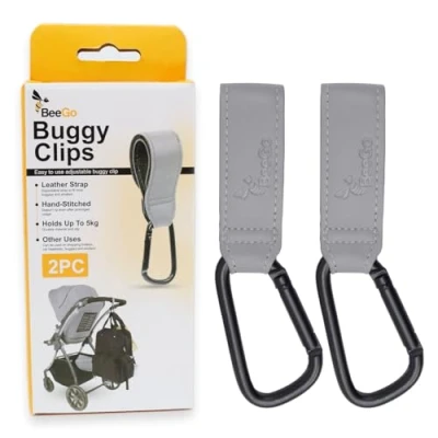 Image of BeeGo® 2 Pcs Stroller Hooks pram Hook Clips Heavy Duty Buggy for Bags, Shopping Bags and Baby Travel Essentials Non Slip, Universal Pushchair Accessories Carry 5kg per Clip, Grey