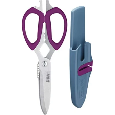 Image of Colourworks 10 In 1 Multifunction Kitchen Scissors with Built Edgekeeper Scissor Sharpeners, Bottle Openers, Zester and More, Stainless Steel, Plum, 23 cm