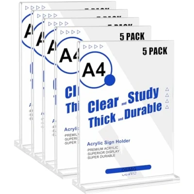 Image of OSIMIG 5 PACK A4 Acrylic Sign Holder, Clear Sturdy Double Sided Display Stand Poster Menu Holder with 10mm Base for Menu, Brochure, Flyer, Poster,Restaurant, Hotel, Office