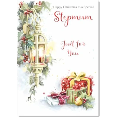 Image of doodlecards Stepmum Christmas Card Lamp and Parcels Medium Size for with Plain Envelope