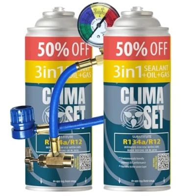 Image of ClimaSet Replacement of 3in1 refrigerant gas R134a 2x235 g for air conditioning with hose, pressure gauge and HP/LP adapter Car recharge ECO