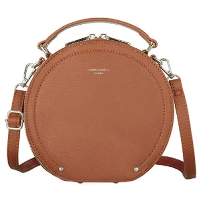 Image of David Jones Women&#039;s Round Crossbody Bag Small PU Leather Rigid Should Top Handle Satchel Circle Zipper Handbag Fashion Evening Clutch Casual Ladies Girls Purse Camel Brown