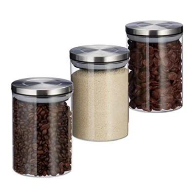 Image of Relaxdays 10027997 Glass Set of 3, 600 ml, Airtight, Stainless Steel Lids, for Coffee, Tea, Sugar, Kitchen Jars, Transparent, Silicone