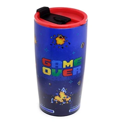 Image of Puckator Game Over Reusable Stainless Steel Hot &amp; Cold Thermal Insulated Food Drink Cup 500ml Thermos Travel Mug Tumbler with Straw and Lid Bubba Bottle