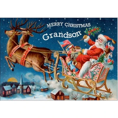 Image of doodlecards Grandson Christmas Card Santa&#039;S Sleigh Victorian Style Medium Size with Plain Envelope