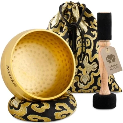 Image of Tibetan Singing Bowl Set for Yoga, Meditation and Relaxation Hammered Ø 10 cm, Double Beater with Felt Leather, Ring Cushion, Bag Instructions