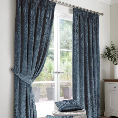 Image of Curtina Navy Blue Velvet Damask Pencil Pleat Curtains W66 x L90 (168 229cm) Dark Floral and Drapes for Living Room &amp; Bedroom Jacquard Embossed Flower