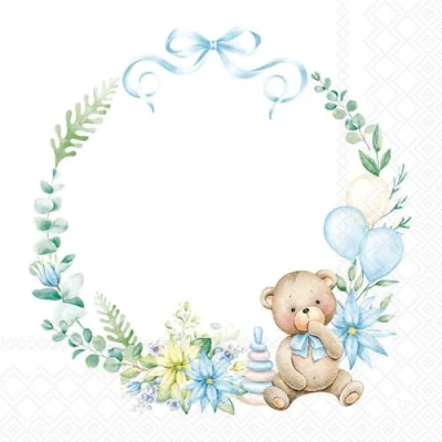 Image of 20 Ambiente Paper Napkins Baby Teddy Bear Blue Table Decoration with Motif Also for Party or Decoupage 33x33 cm