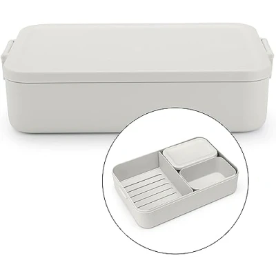 Image of Brabantia Make &amp; Take Lunch Box Bento (2L) Removable Compartments for Food Separation Lid with Clips Suitable Freezer Dishwasher Microwave Safe Light Grey 25.5 x 16.7 6.2 cm