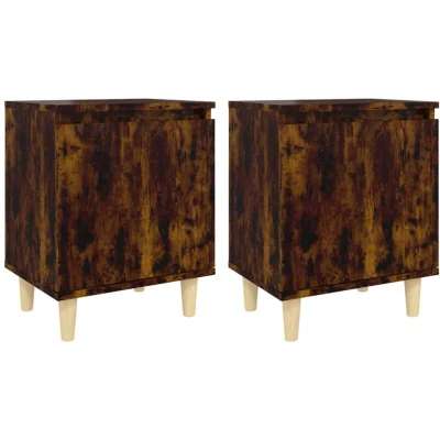 Image of vidaXL Bed Cabinets with Solid Wood Legs, 2 pcs, Smoked Oak Nightstand, Scandinavian Style, 40x30x50 cm, Bedroom Storage Furniture, Engineered