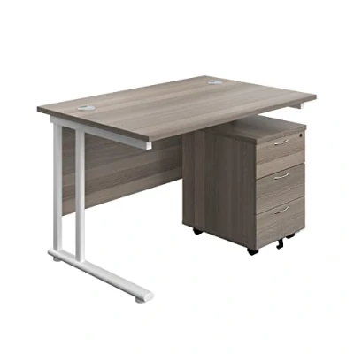 Image of Office Hippo Heavy Duty Rectangular Cantilever Desk with 3 Drawer Mobile Pedestal, White Frame, Grey Oak, 120 x 80 73 cm