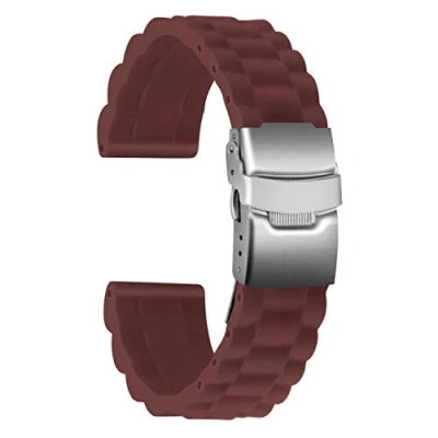 Image of ULLCHRO Silicone Watch Strap Replacement Rubber Band Waterproof Link Pattern 16mm, 18mm, 20mm, 22mm, 24mm Bracelet with Stainless Steel Deployment Buckle (24mm, Brown)