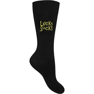 Image of TeddyTs Men&#039;s Embroidered Black Lucky Socks (UK 6 11, Yellow Embroidery)